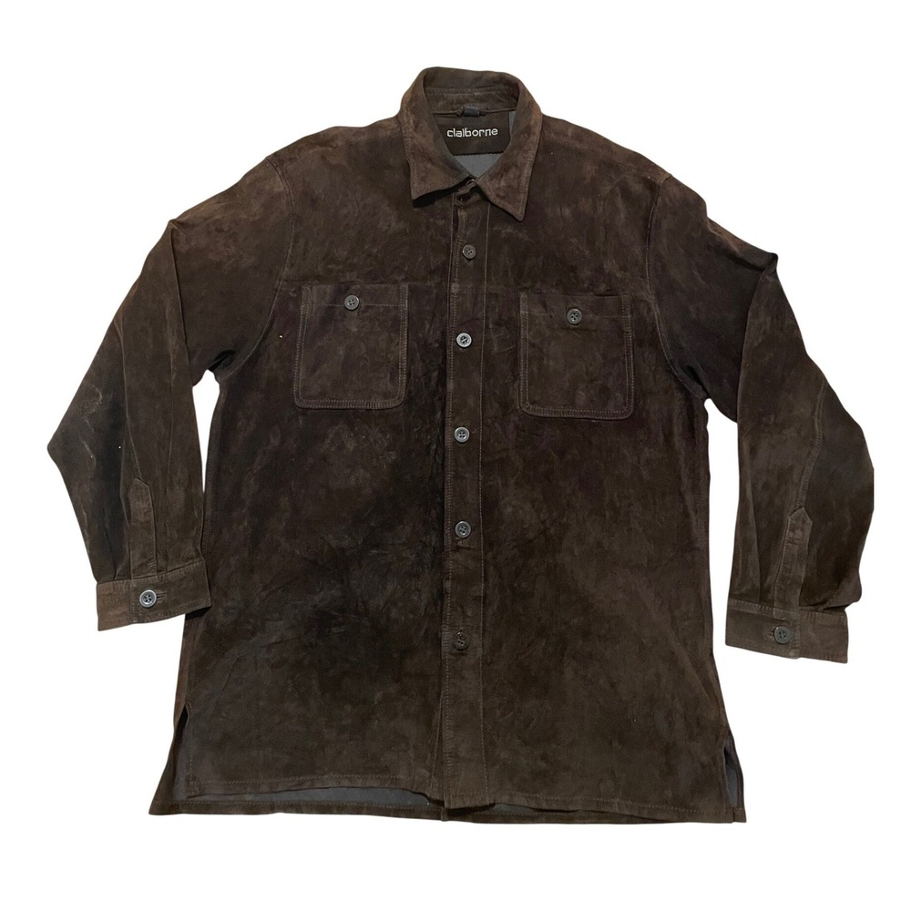 Suede Button Up Shirt Jacket Claiborne Large Dark Brown Genuine Leather